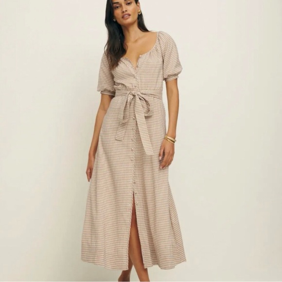 Reformation Dresses & Skirts - Reformation NWT Roland Dress Anzo Check Tan White Gingham Maxi Puff Sleeves: XL